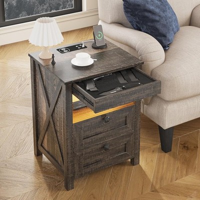 NEW Farmhouse LED Nightstand with Gun Drawer&Invisible Lock,Modern Bedside Tab
