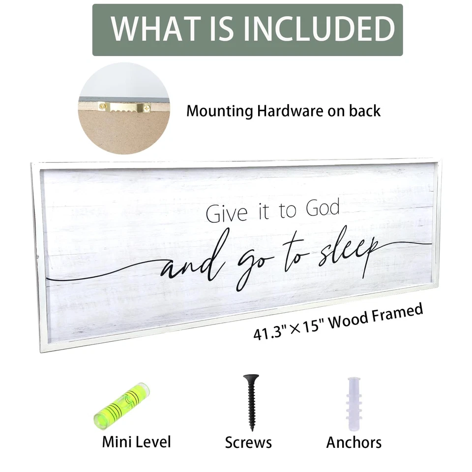 Letrero Dáselo a Dios y vete a dormir enmarcado grande 41"" x 15"" sobre la cama pared decoración... Foto 3 de 4