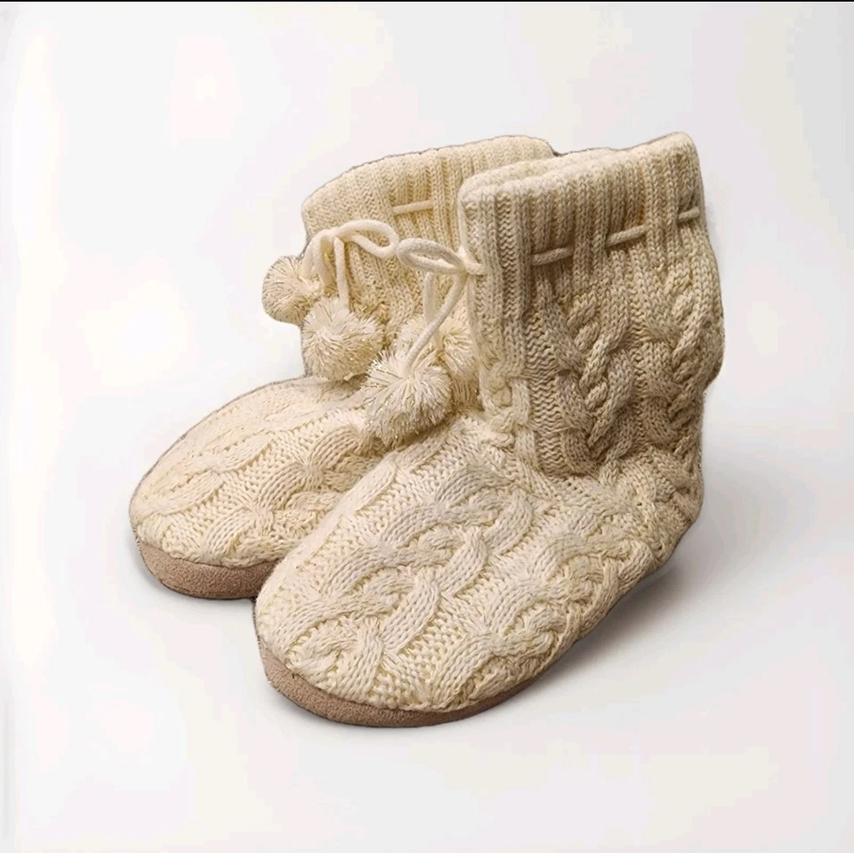 Botas chinelo femininas de malha marfim inverno interior com acabamento de pele sintética e pompons - Imagem 2 de 4