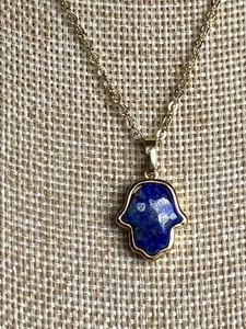 Authentic Fine Gold Plated Chain with Lapis Lazuli Hamsa Pendant, 17" to 18-1/2" Long