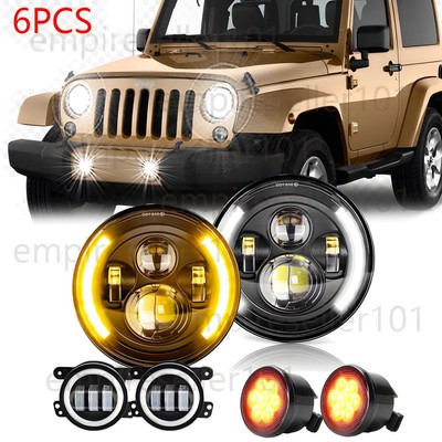 Combo 7'' Halo LED Headlights Turn Lights Fog Lamp For Jeep Wrangler JK 2007-2018