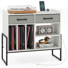 Record Player Stand with Charging Station, Adjustable Shelf Folding Drawers