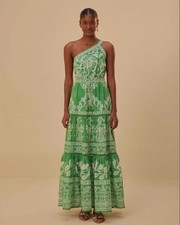 Farm Rio Green Sweet Garden Maxi Summer Beach Dress One Shoulder New with tags L
