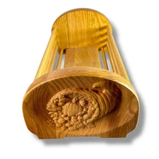 Wooden Bread Basket Carved Cornucopia Country Farmhouse Thanksgiving Oak Wood