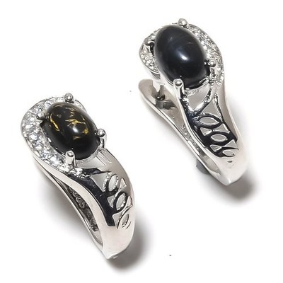 Black Copper Turquoise & CZ 925 Sterling Silver Earring 0.59'' S610