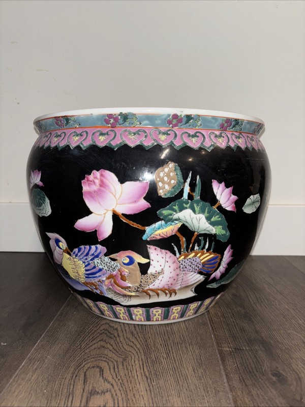 Large Vintage Chinese Porcelain Enamel Famille Rose Koi Fish Bowl Planter Vase C