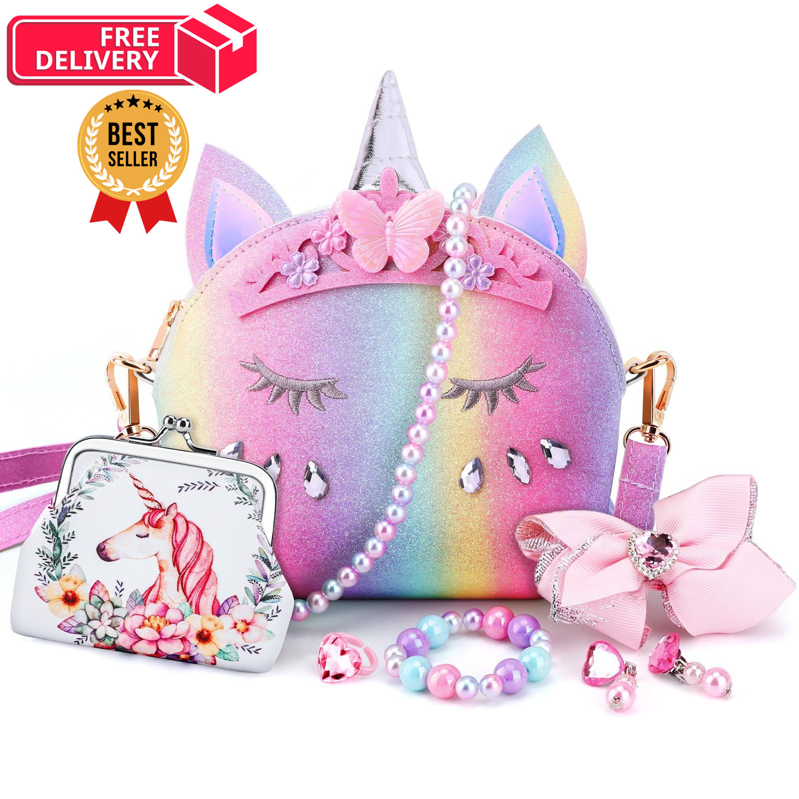 JYPS 7PCS Toddler Purse for Girl, Girls Wallet with Pretend child-size, Pink 