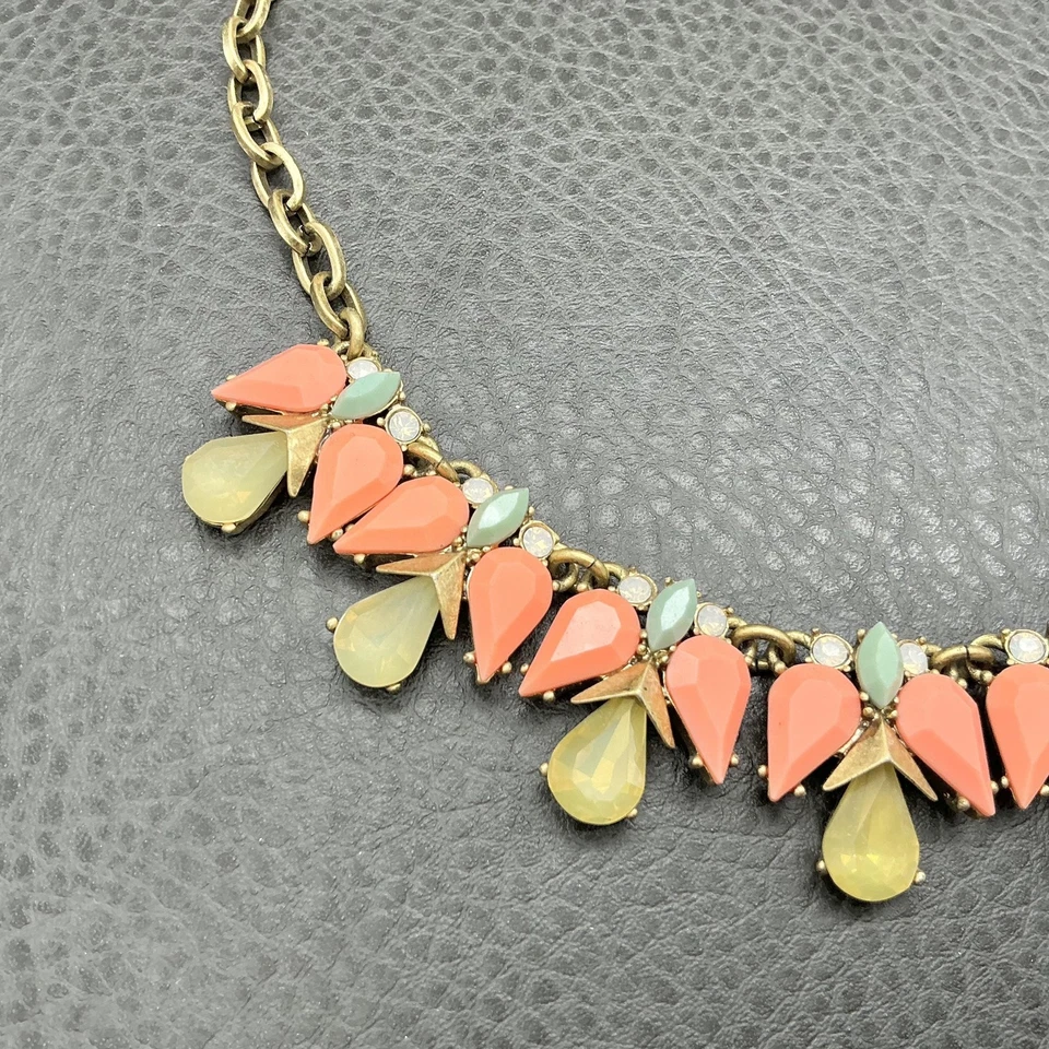 J.Crew Statement Bib Necklace Coral Mint Yellow Teardrop Stones Gold Tone Drops - Image 4 of 4