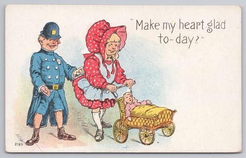 Comic Polizistin & Haubendame mit Kinderwagen, früher satirischer Humor, "Froh heute?"