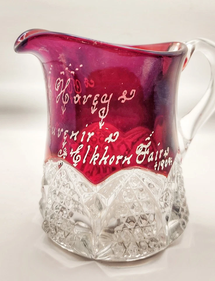 ANTIQUE 1904 Ruby Stained Souvenir EAPG Creamer Pitcher | Elkhorn Fair Wisconsin - Image 3 of 4