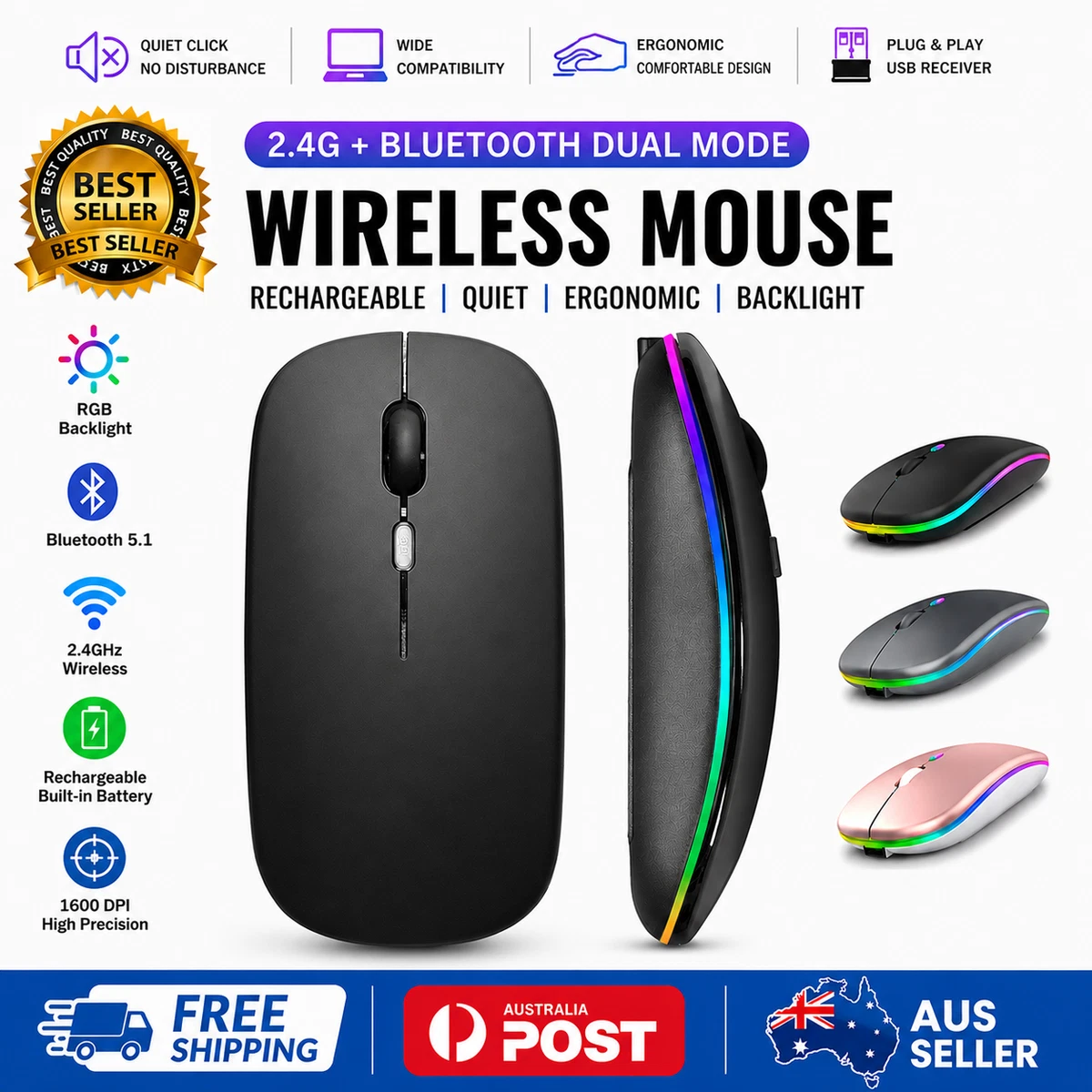 Rechargeable Slim Wireless Mouse Bluetooth 5.2+ 2.4G Cordless For Laptop PC AU