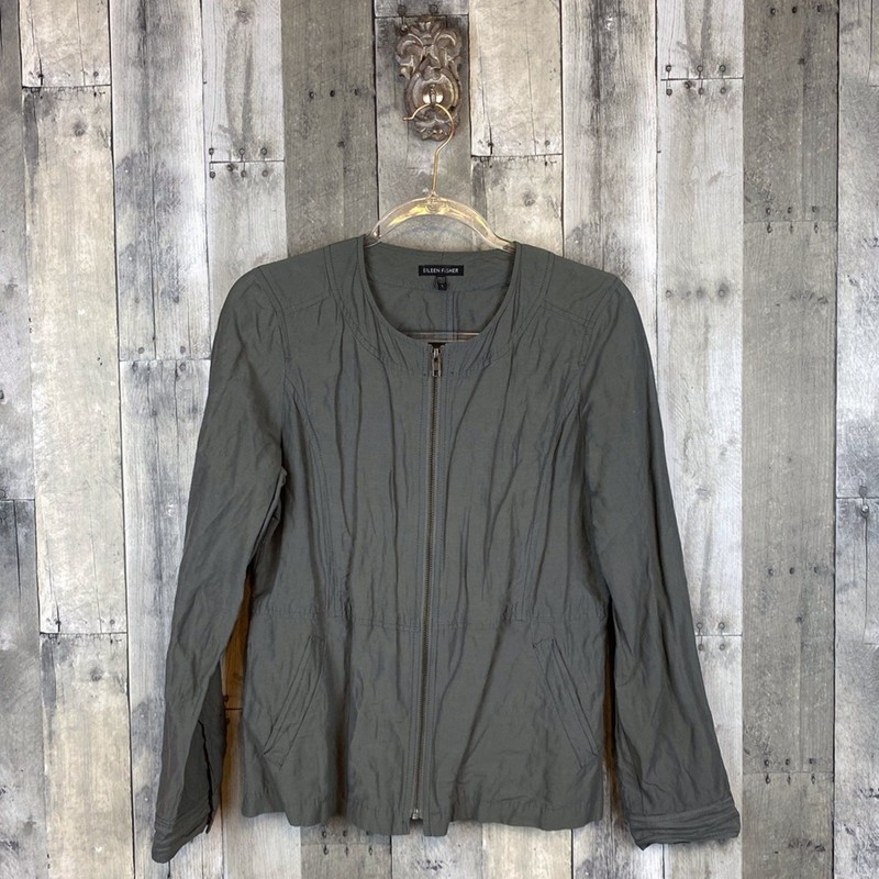Eileen Fisher Nylon Roundneck Windbreaker Front Zip Jacket in Grey Size Small.