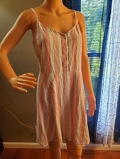 Gap A Line Pink Striped Fit & Flare Linen Blend Dress Smocked Back Size S