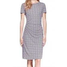 Tory Burch Silk Myrtle Ruched Sheath Dress Black Purple Beige Print Sz M