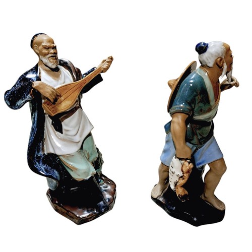 Vintage set of 2 Chinese Shiwan Mud Man musician & fisherman figurines pottery - Picture 7 of 11