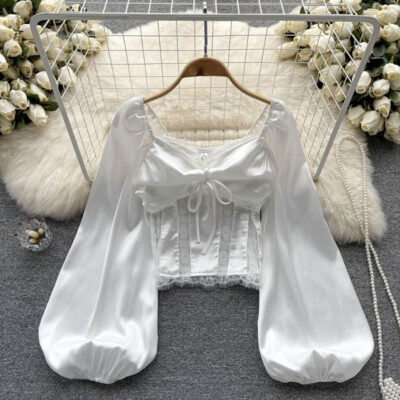 Women Satin Lace Cropped Top Long Puff Sleeve Blouse Sqaure - Main Image