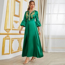Women Ladies V-Neck Long Maxi Dress Abaya Kaftan Evening Cocktail Party Gown New