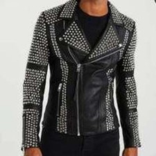 Giacca di pelle uomo fatta a mano nera con borchie stile punk moda