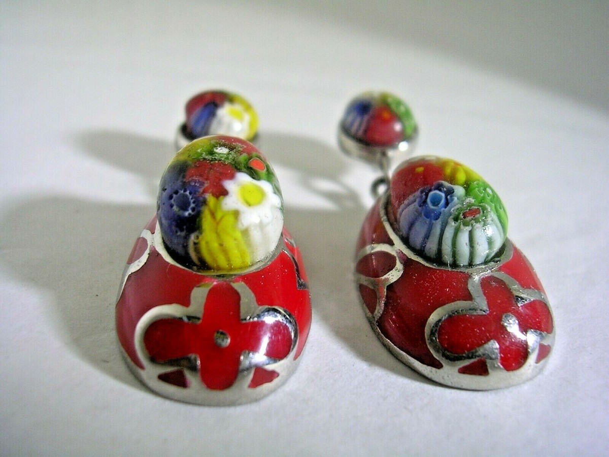 BABY SHOE EARRINGS WITH MURANO GLASS FLORAL PATTERN SET IN