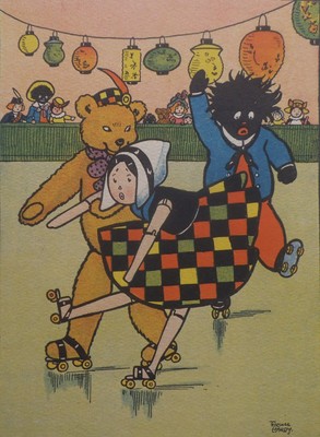 FLORENCE HARDY KINDERDRUCK 1922 - TEDDYBÄR & HOLLÄNDISCHE PUPPE AUF DER EISBAHN