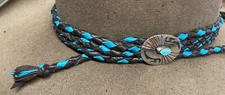 HANDMADE CHOCOLATE/TURQ BRAID LEATHER WESTERN HATBAND NAVAJO STERLING TURQUOISE