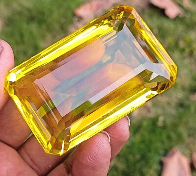 1200Ct Certified Lab Created Yellow Citrine Transparent Emerald Cut Gemstone EKE