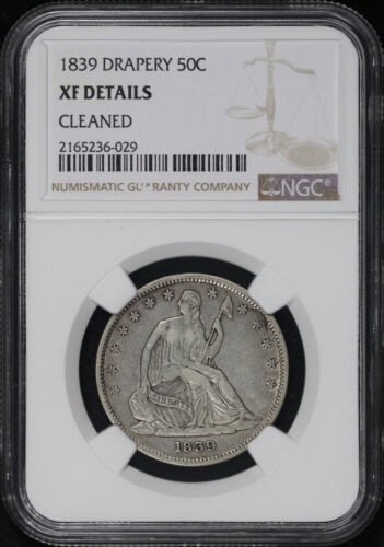 1839 Seated Liberty Half Dollar with Drapery Beneath Elbow NGC XF Det. Cleaned