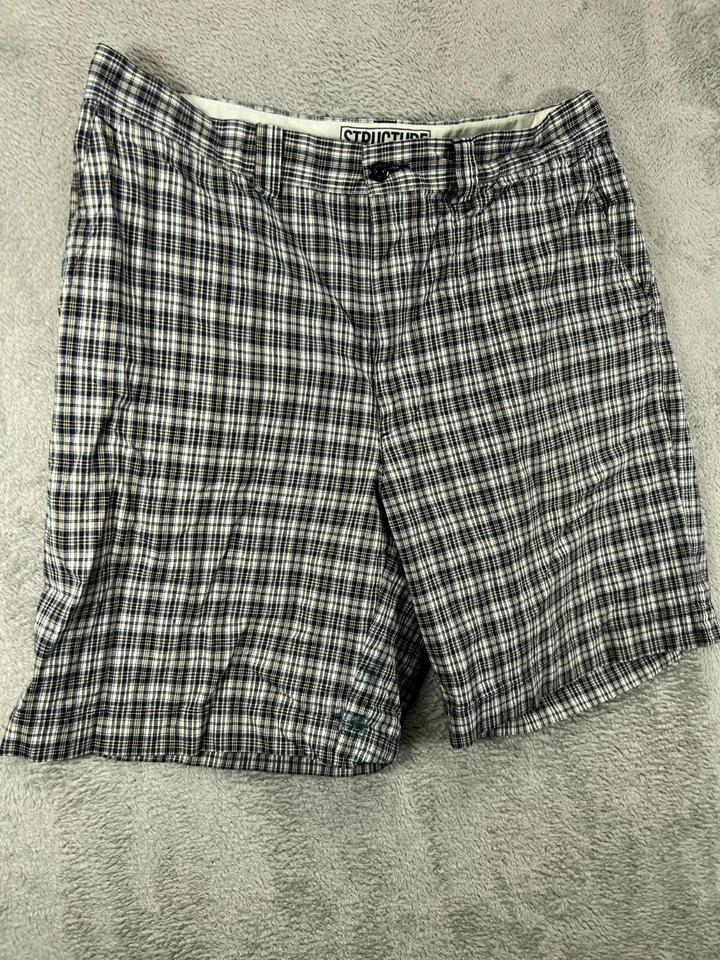 Pantalones Cortos Chinos Vintage Estructura Años 90 Para Hombre 36 Azul Marino Cuadros Algodón Grunge Planos 8" Foto 2 de 4