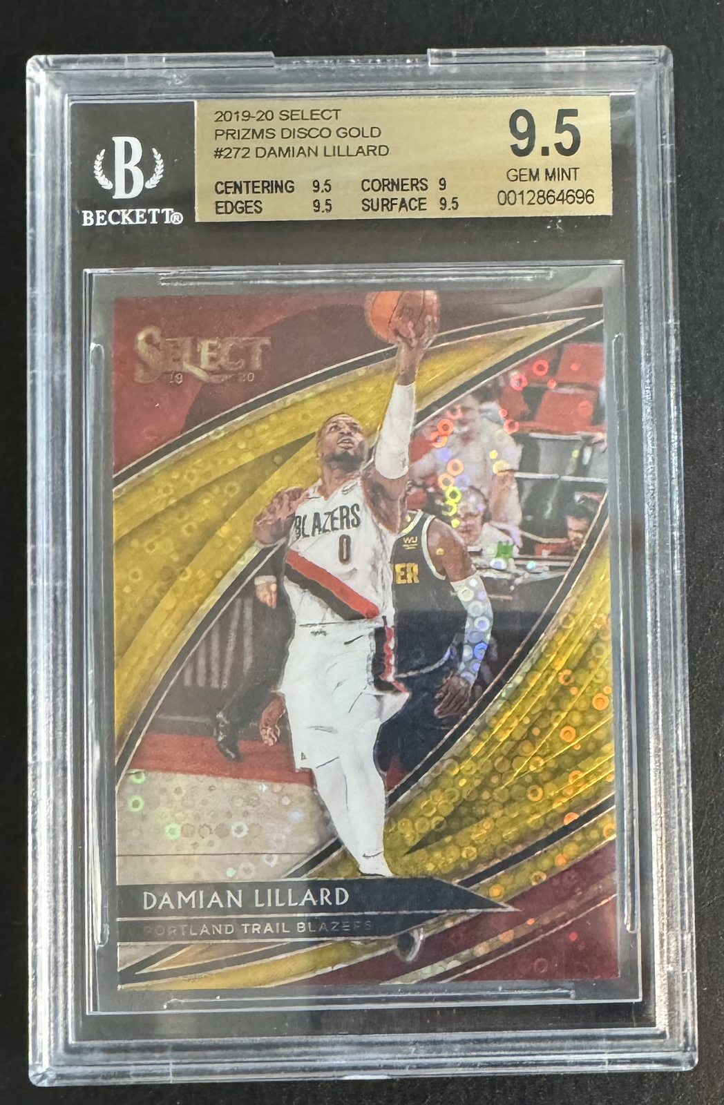 #/10 Damian Lillard BGS 9.5 GEM 2019-20 Panini Select Gold Disco Prizm RC #272