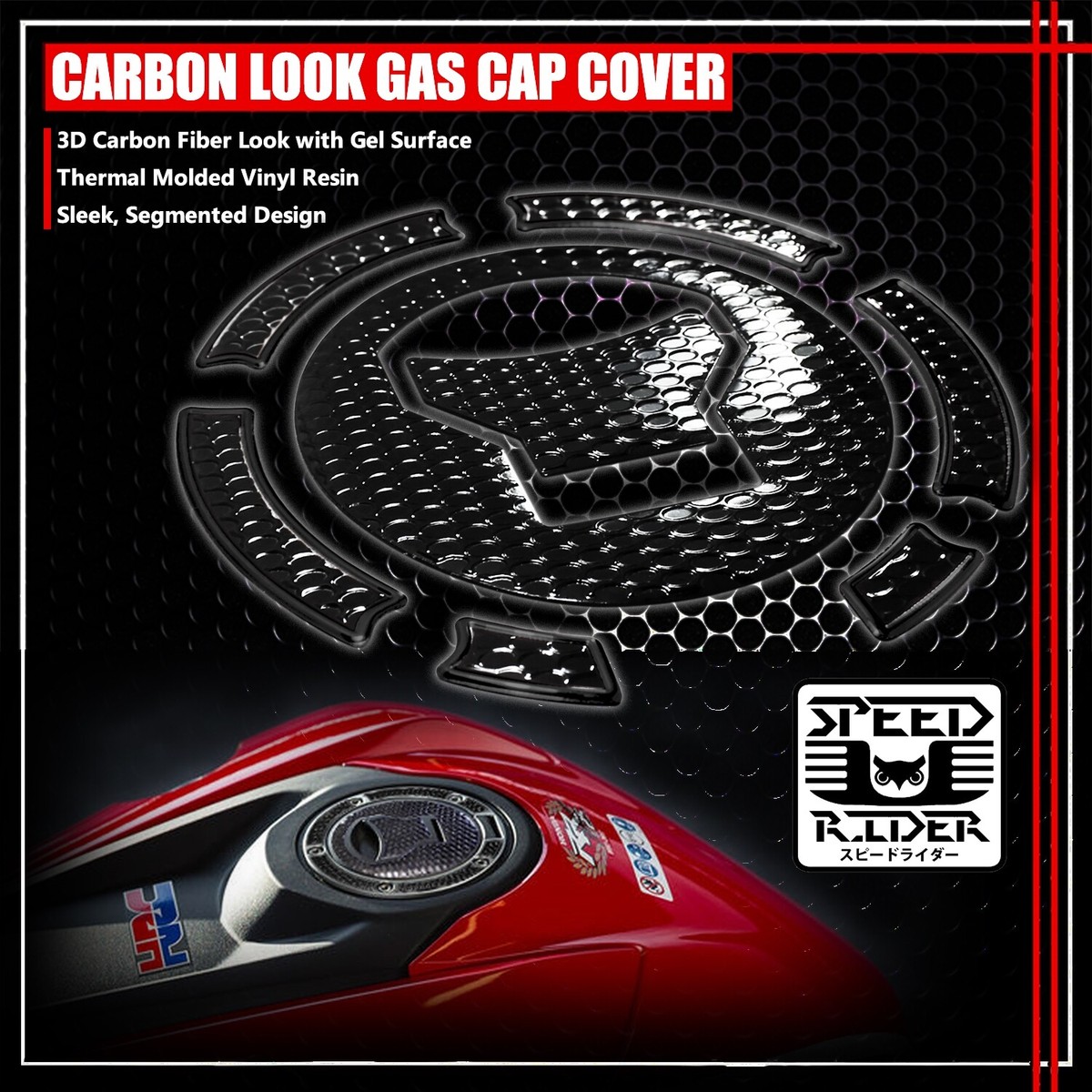 Speed Rider Perforated Gas Tank Fuel Cap Cover For CBR1000RR / 600RR (2003-2016) – Black & Chrome, 3D Pad