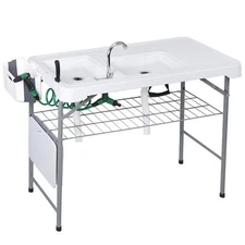 Fish Cleaning Table w/Dual Sink Portable Folding Camping Table w/Swivel Faucet