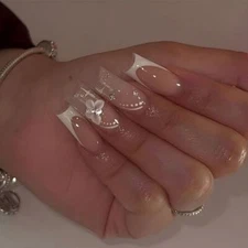 24Pcs French Tip Press on Nails Long Square Fake Nails with Rhinestones A13