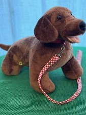 Build A Bear Brown Dachshund Wiener Dog Plush Toy W/ Red Collar Gingham Leash
