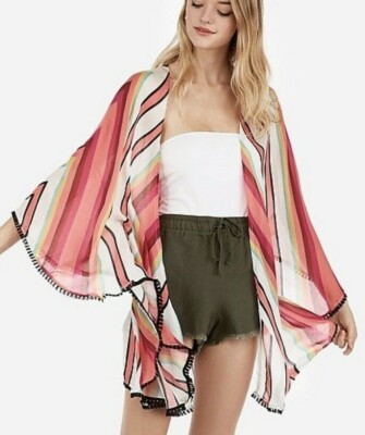 Express Orange Multicolored Chevron Stripe V-Back Swim Cover-up W Fringe  