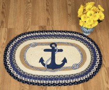 Braided Jute Stenciled Print Oval Area Rug. Earth Rugs. NAVY ANCHOR
