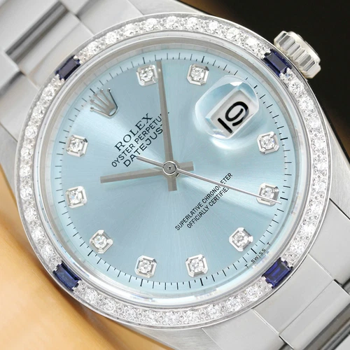 MENS ROLEX DATEJUST ICE BLUE 18K WHITE GOLD DIAMOND SAPPHIRE & STEEL WATCH