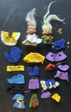 Pair of Vtg. Circa 1960s Small Uneeda Wishnik Troll Dolls w/ Felt Clothing Lot