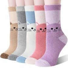 Women Merino Wool Cat Socks Thermal Winter Large Pink/Purple/Khaki/Gray/White
