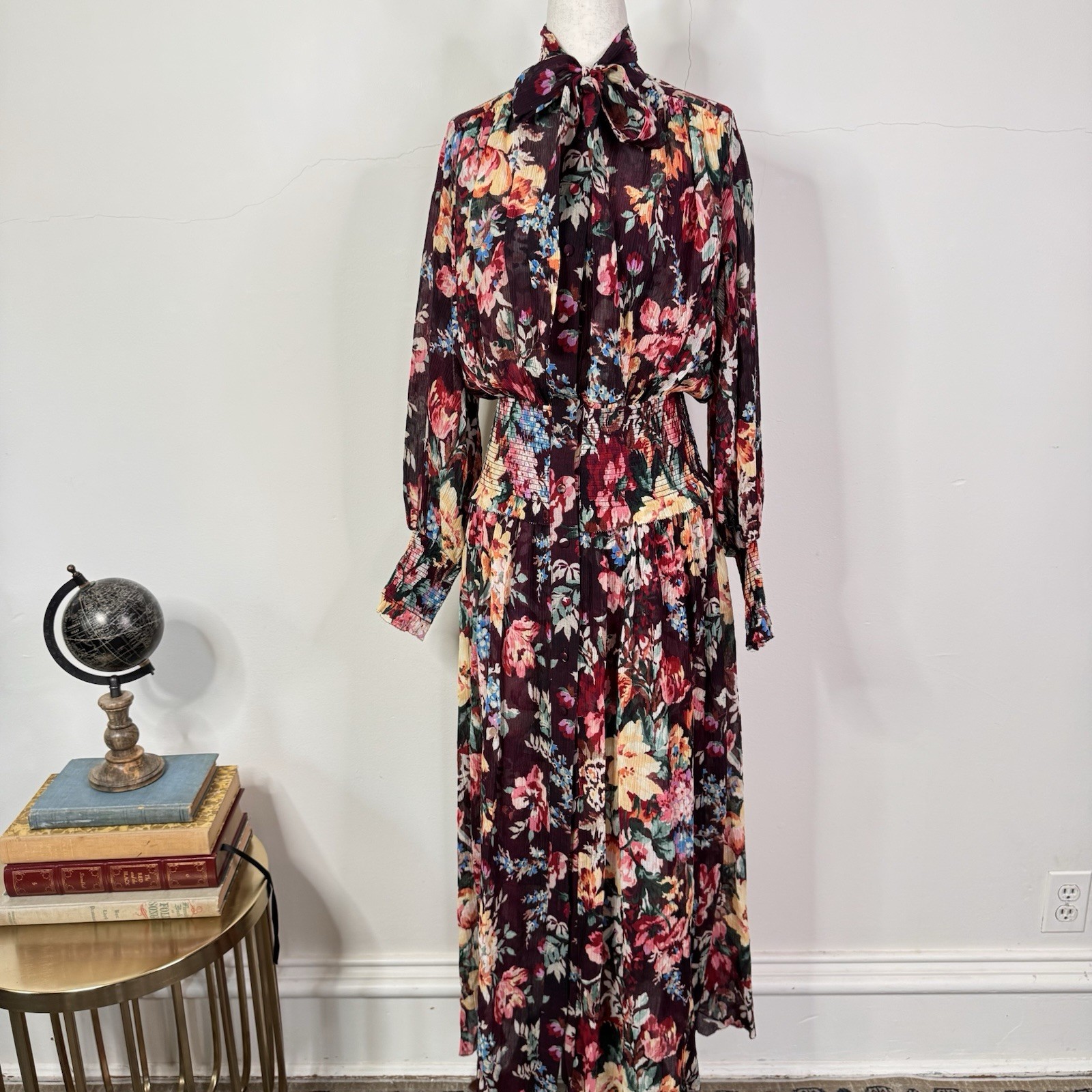 ZIMMERMANN Allia Shirred Long Dress Burgundy Floral Cotton Silk Size 4 / 8 UK 