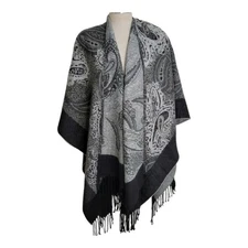 Womans Shawl Poncho Fringed Paisley Cozy Wrap Black Gray One Size