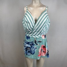 Cacique Swim Tankini Top Size 26 Striped Floral Wrap Front Swimsuit Mint