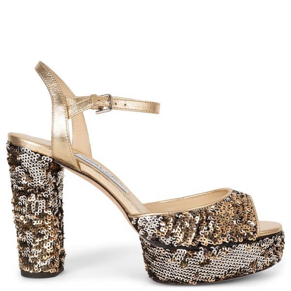 73397 authentische Jimmy Choo gold 2018 PEACHY 105 PAILLETTEN PLATEAU Sandalen Schuhe 39