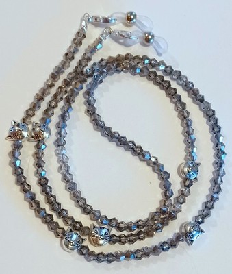 EYEGLASS CHAIN 27'' GREY AB with CATS Beaded Holder Strap Reading Glasses iCandy