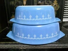 Lot of 2 Vtg Pyrex Blue Garland Snowflake Casserole Dishes No lids #043 & #045