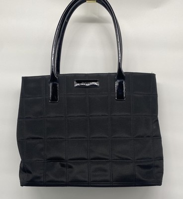 Vtg Givenchy Parfums Black Quilted Nylon Bag Patent Handles Pink Interior