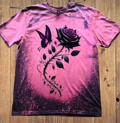 Black Rose with Butterfly on Bleach T-Shirt with free Leather Keychain