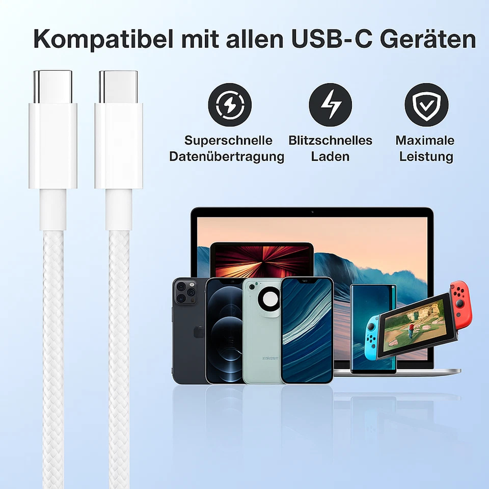 USB C auf USB C Ladekabel 1m 2m Kabel 60W Schnellladekabel für Samsung Xiaomi - Bild 2 von 4
