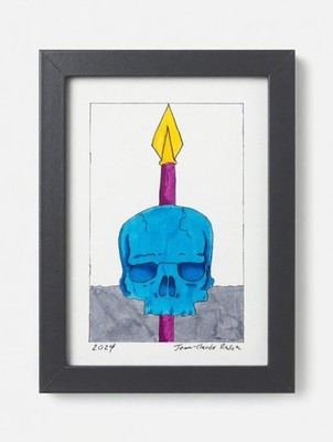 Abstract Original Blue Skull Spear Painting Drawing Framed 8x6  Signed By Artist