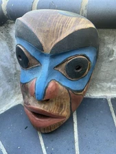 Beautiful Old Carved Cedar Wood Northwest Coast Mask, 10”, From Estate.
