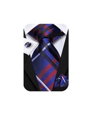 Mens 70 inches Tie Set Extra Long Necktie With Cufflinks Blue Red White